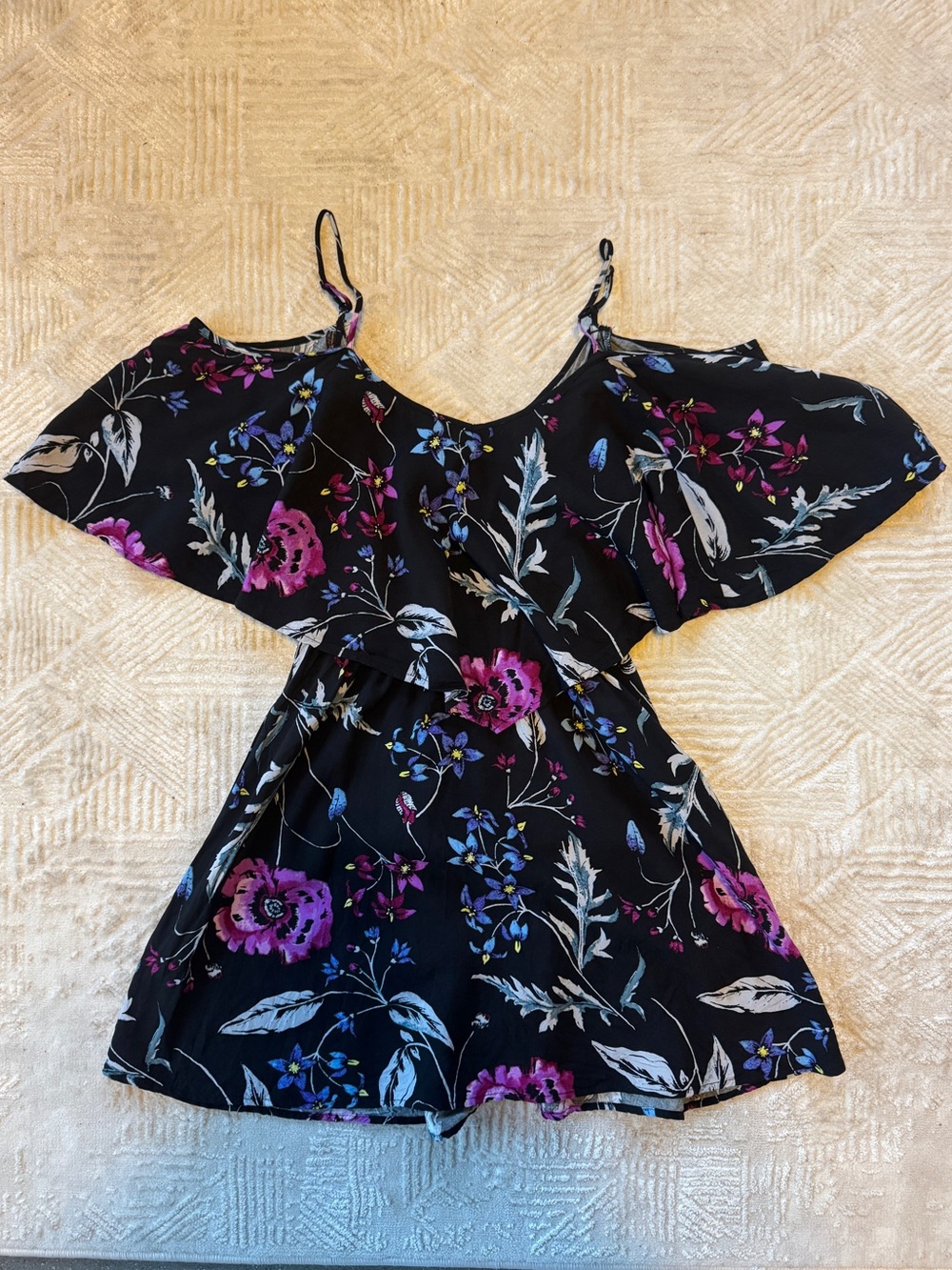EXPRESS Black Floral Cold Shoulder Dress XS Boho Cottagecore Y2K Flounce